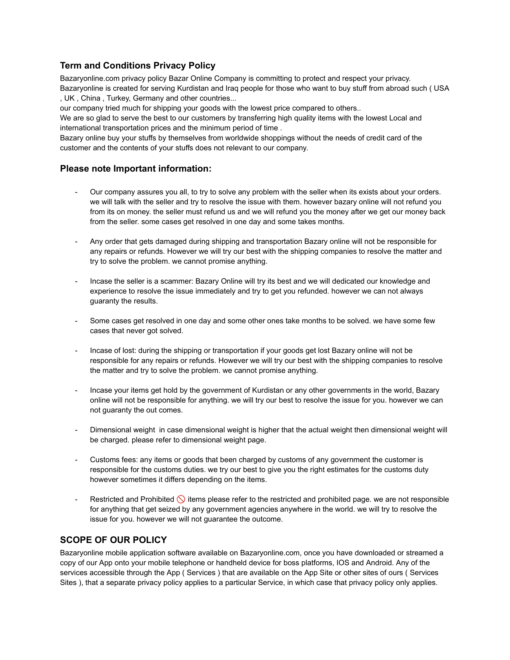 Bazary Online terms and conditions in English, page 1